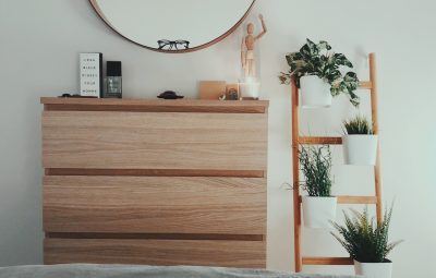 Commode en bois, miroir et étagère à plantes look naturel