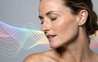 peau d'une femme avec des vibrations sonores autour