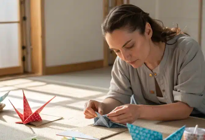 Femme faisant de l'origami